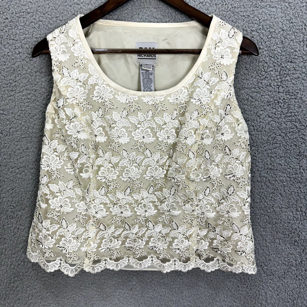 R&M Richards Tank Top Womens 16 Ivory Floral Lace Beaded Sequin Scalloped Event